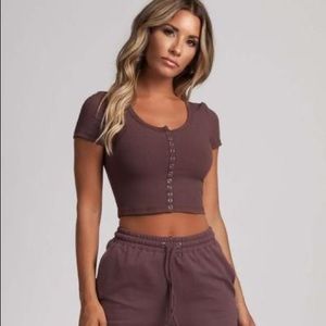 Meshki Brown Ribbed Crop Top